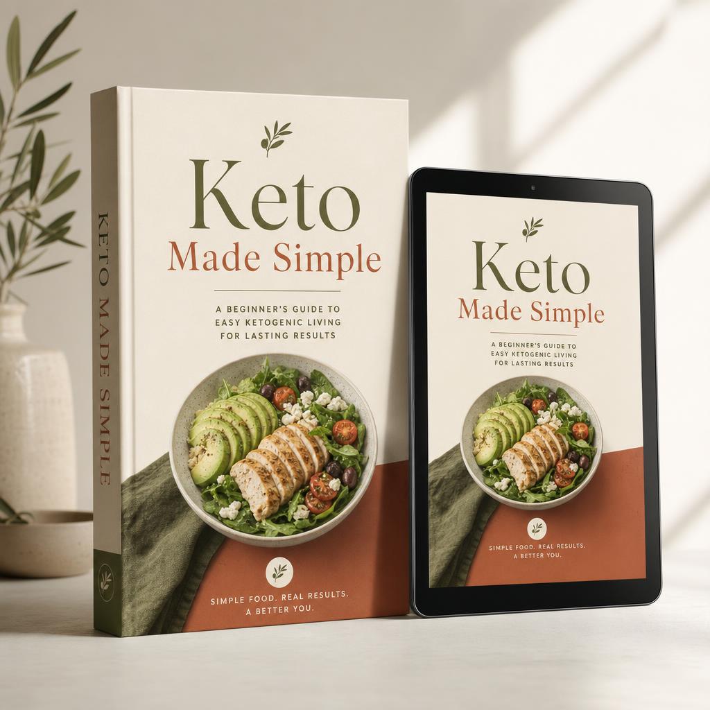 Mockup do e-book Keto Made Simple em capa impressa e tablet